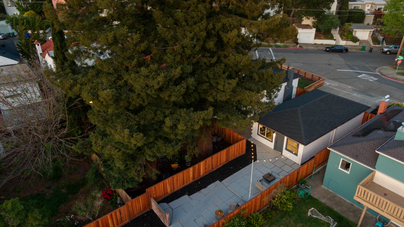 Aerial view highlighting the expansive patio, mature redwood trees, and private backyard retreat.